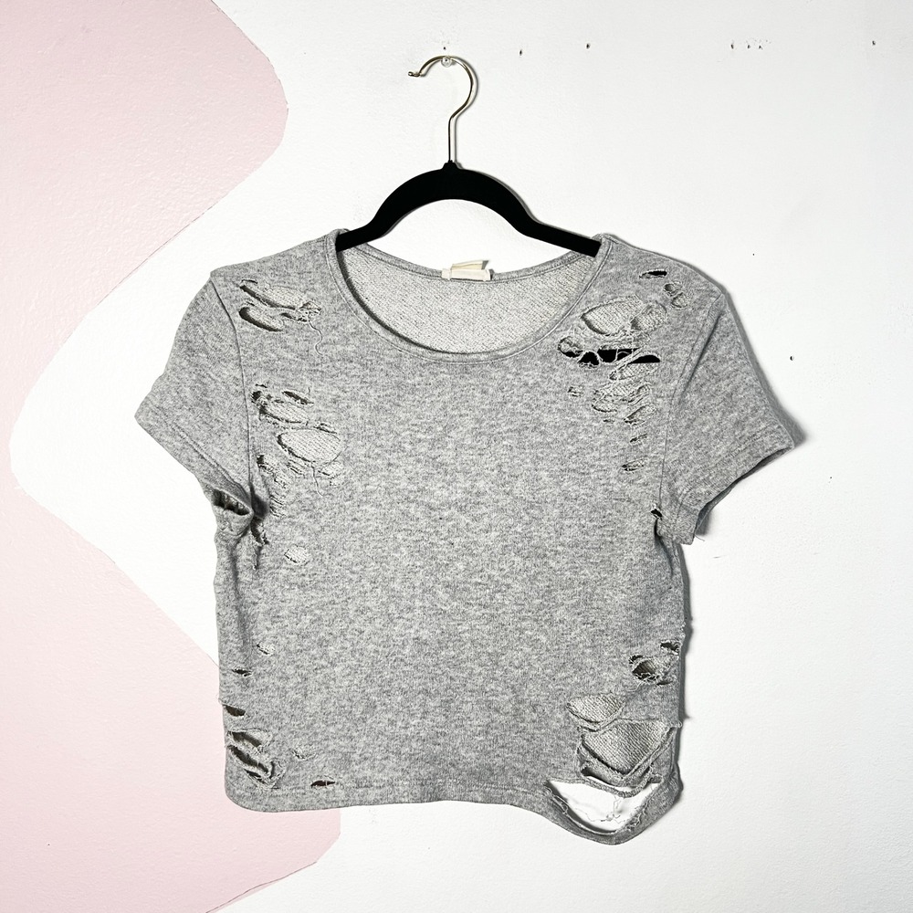 VTG Y2K Wet Seal Gray Distressed Crop Top Womens Small Ripped Grunge